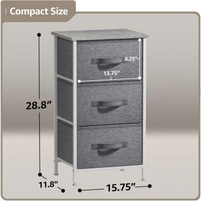 Nightstand with 3 Drawers - Steel Frame, Wood Top & Easy Pull Fabric Bins - Perfect for Home, Bedroom, Office & College Dorm
