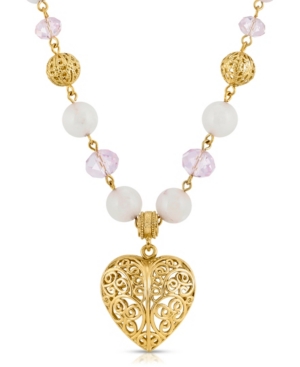 image of 2028 Semi-Precious Rose Quartz Filigree Heart Pendant Necklace