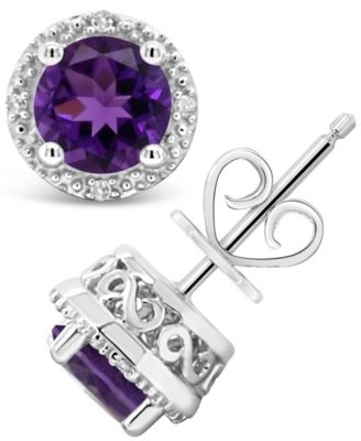 Gemstone (6mm) and Diamond Accent Stud Earrings in Sterling Silver