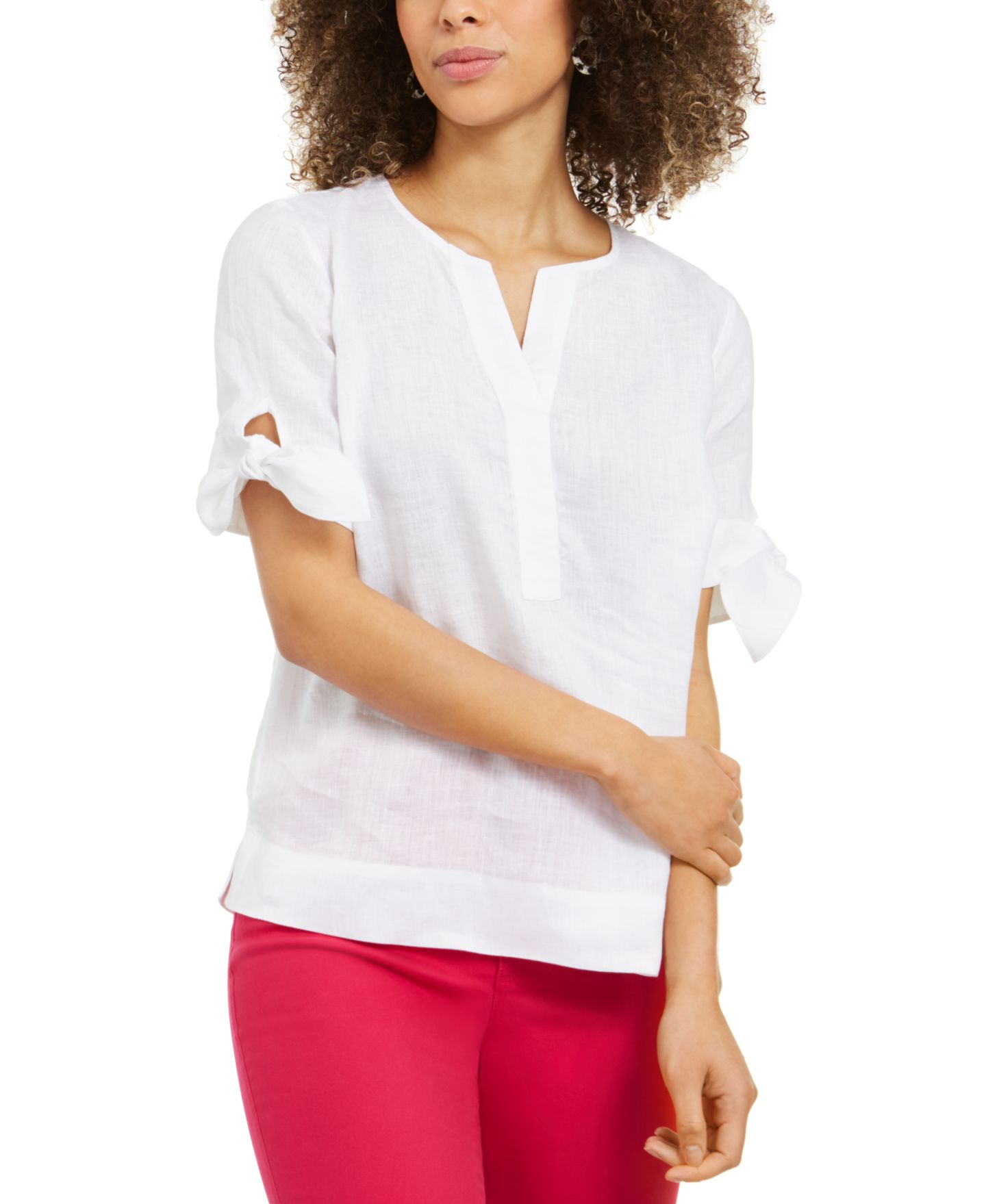 Женский топ Charter Club Petite 100% Linen Split-Neck Tie Sleeve, цвет: Яркий белый — фото 1