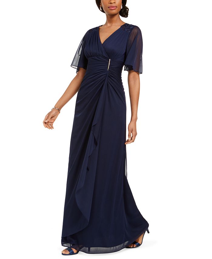 betsy and adam ruffled v neck gown