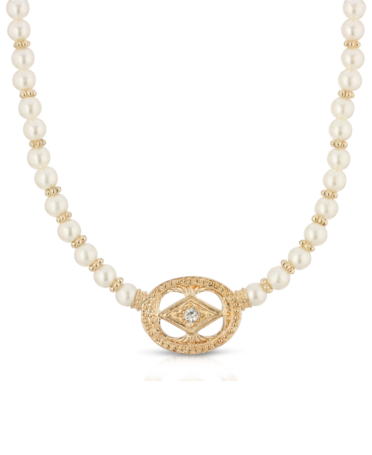 2028 Gold-tone Imitation Pearl And Crystal Pendant Necklace In White
