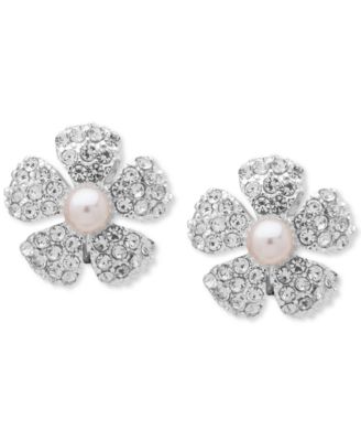 Anne Klein - Silver-Tone Pav&eacute; & Imitation Pearl Flower Clip-On Button Earrings