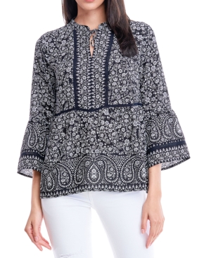image of Fever Bell Sleeve Peplum Blouse with Tie Neck