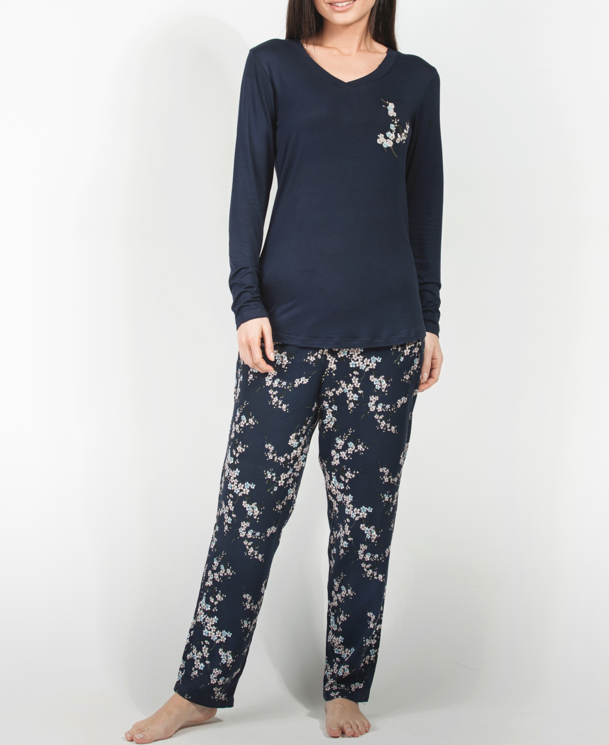 Cherry Blossom Ultra Soft Long-Sleeve Pajama Set - Navy