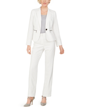 image of Le Suit One-Button Zip-Pocket Pinstripe Pantsuit