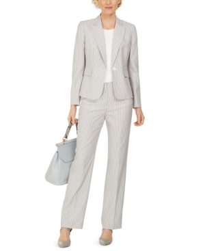 image of Le Suit Single-Button Pinstripe Seersucker Pantsuit