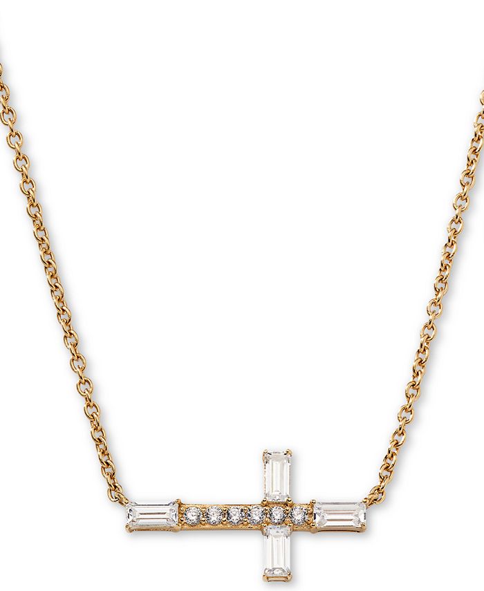 AVA NADRI - 18k Gold-Plated Cubic Zirconia East-West Cross Pendant Necklace, 16" + 1" extender