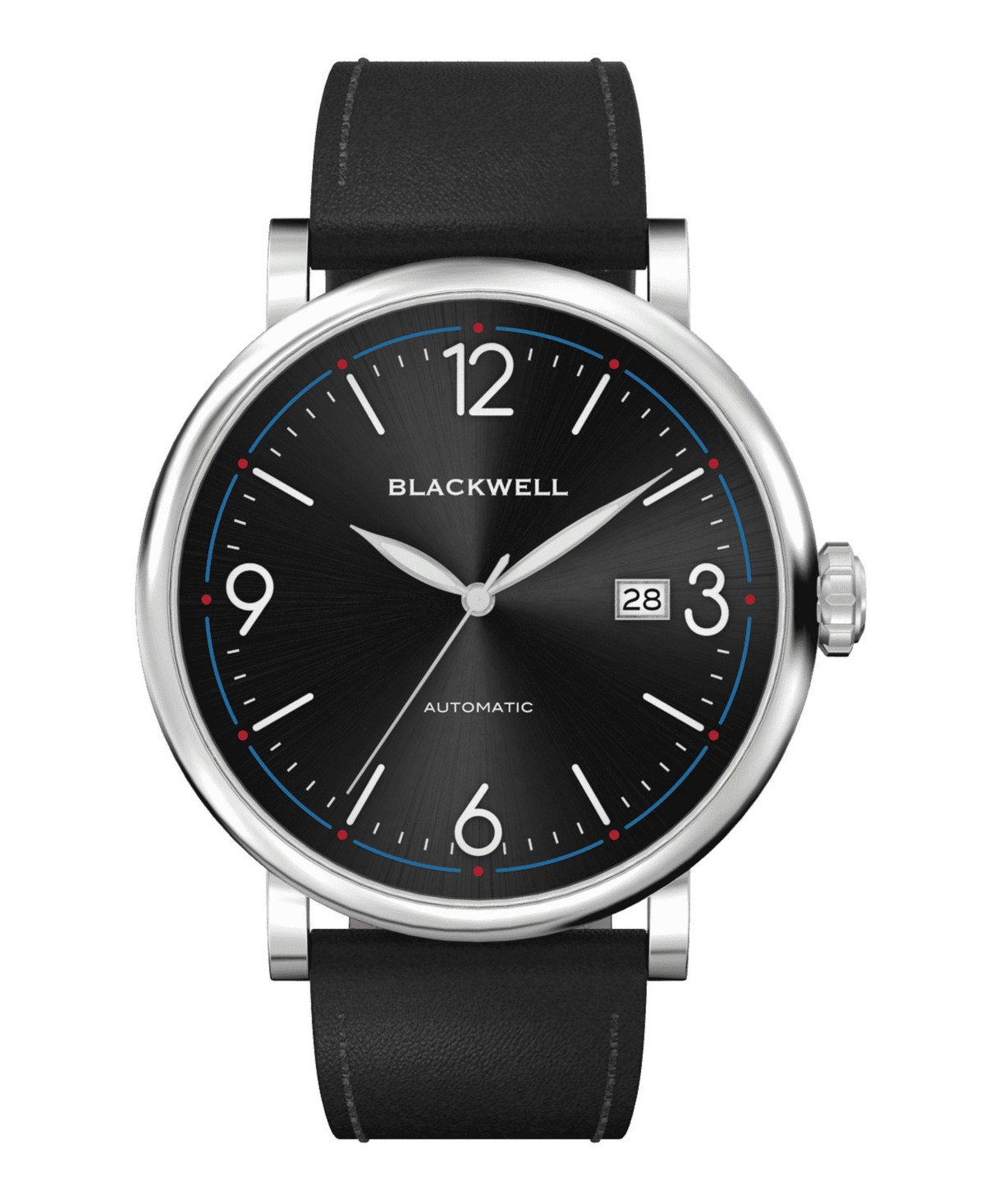 Sunray Black Dial with Silver Tone Steel and Black Leather Watch 44 mm - Black