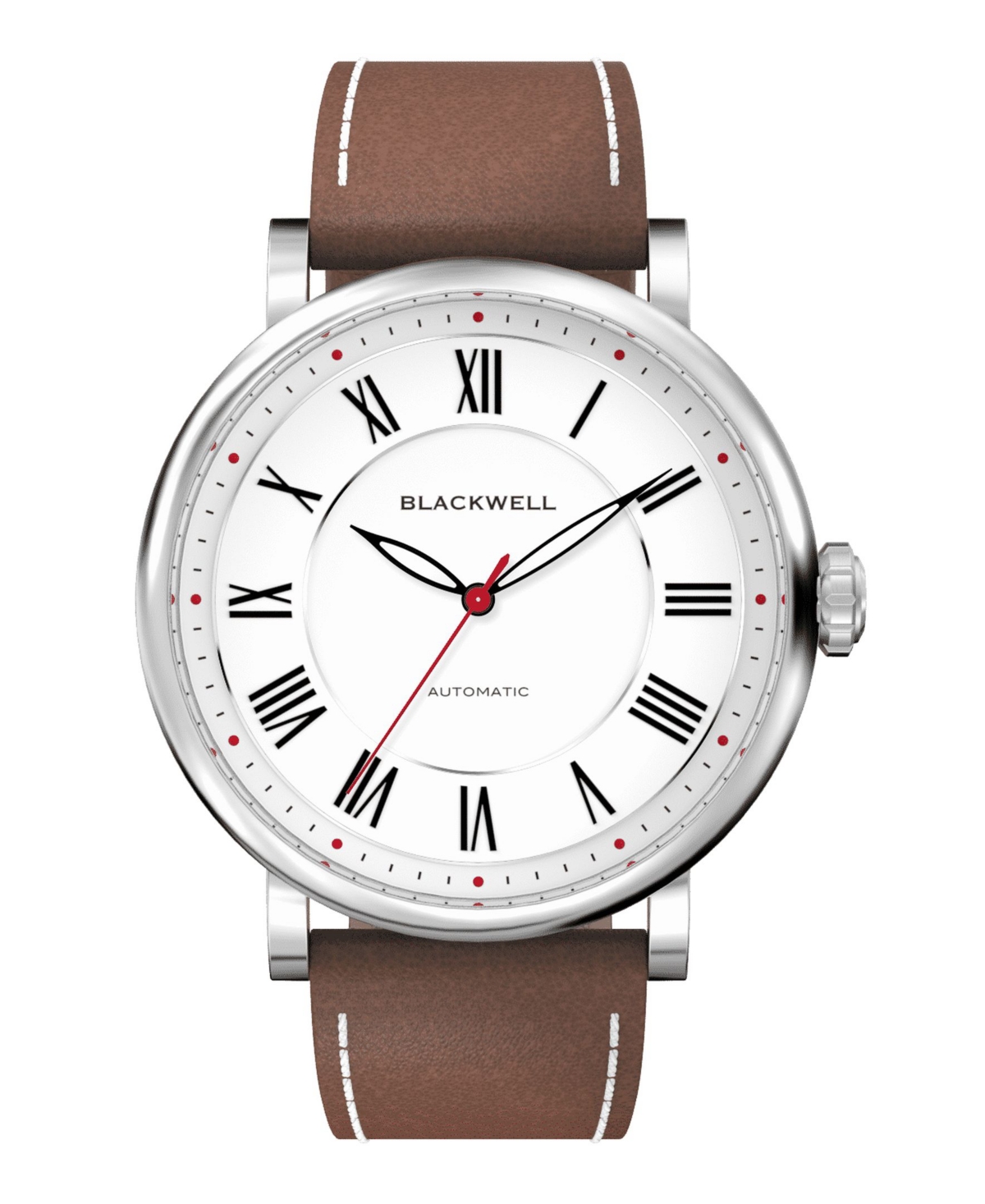 White Dial with Silver Tone Steel and Brown Leather Watch 44 mm - Brown