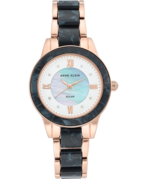 image of Anne Klein Women-s Considered Solar-Powered Rose Gold-Tone & Navy Blue Resin Bracelet Watch 34mm