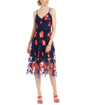 Vince Camuto Floral Embroidered Midi Dress In Navy/coral Floral