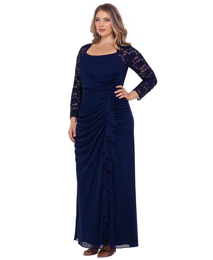 XSCAPE Plus Size Lace-Sleeve Gown - Macy's