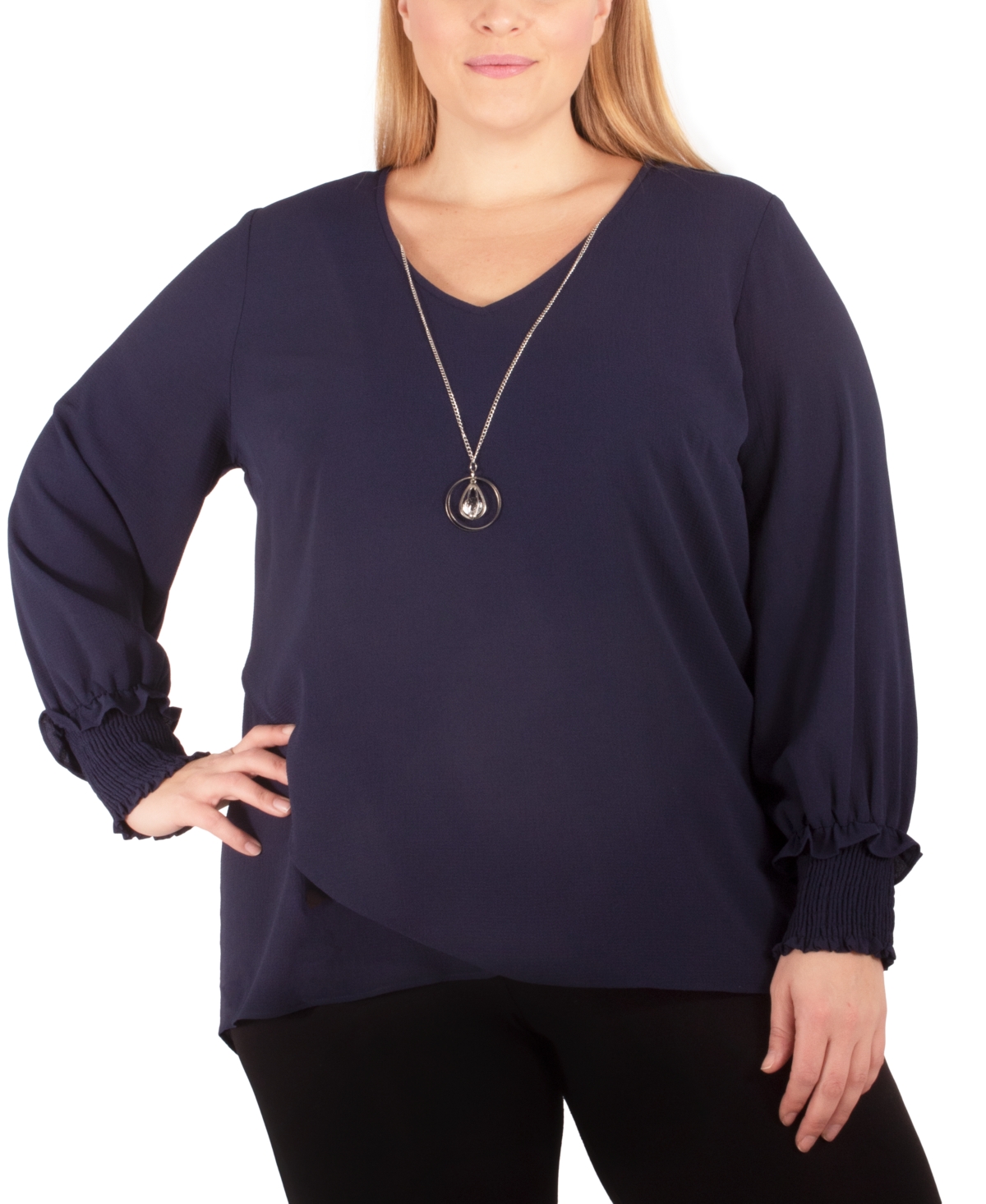 Plus Size Long Sleeve Overlapping Crepe Top with Necklace - Navy