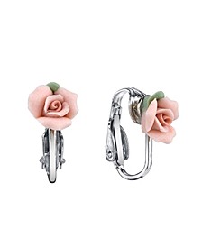 Silver Tone Porcelain Rose Clip-on Earrings