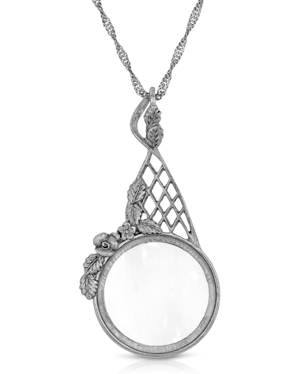 2028 Gold Tone Filigree Magnifying Glass 28" Necklace In Gray