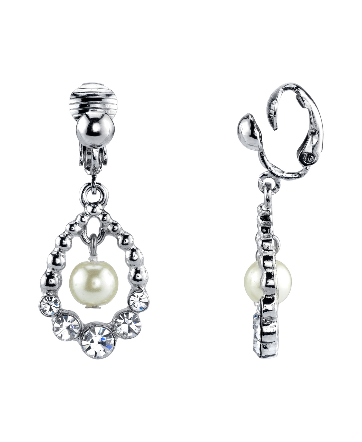 2028 Silver Tone Imitation Pearl And Crystal Clip Drop Earrings