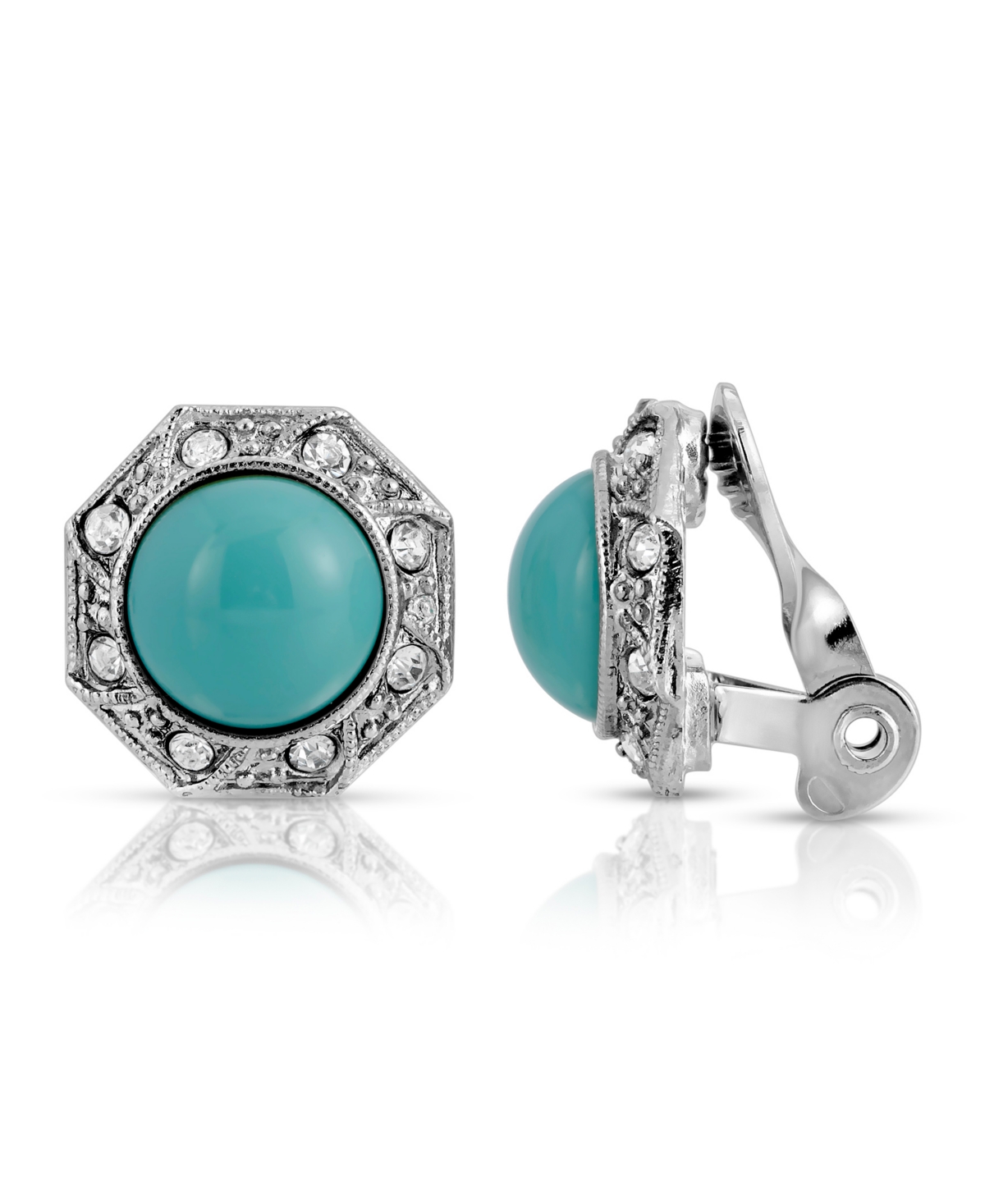 2028 Gold Tone Turquoise Color Crystal Round Button Clip Earring In Turquoise