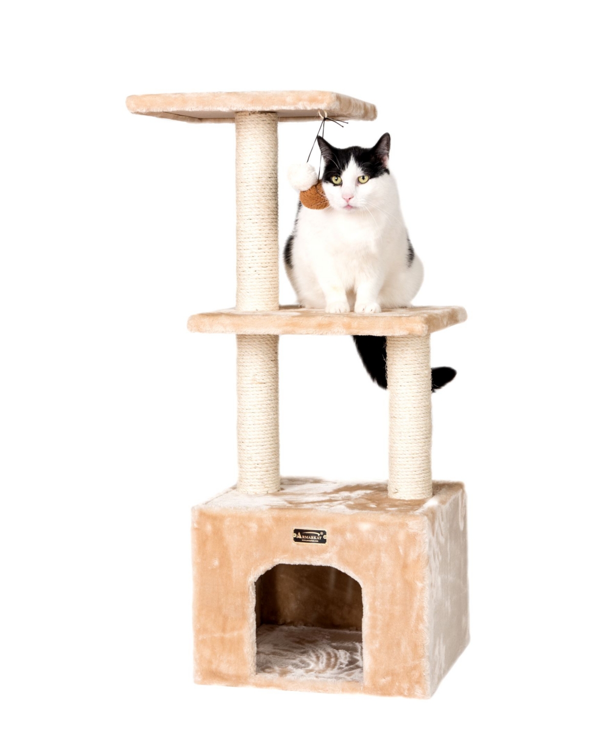 3-Tier Real Wood Cat Condo With Sisal Scratching Post - Beige