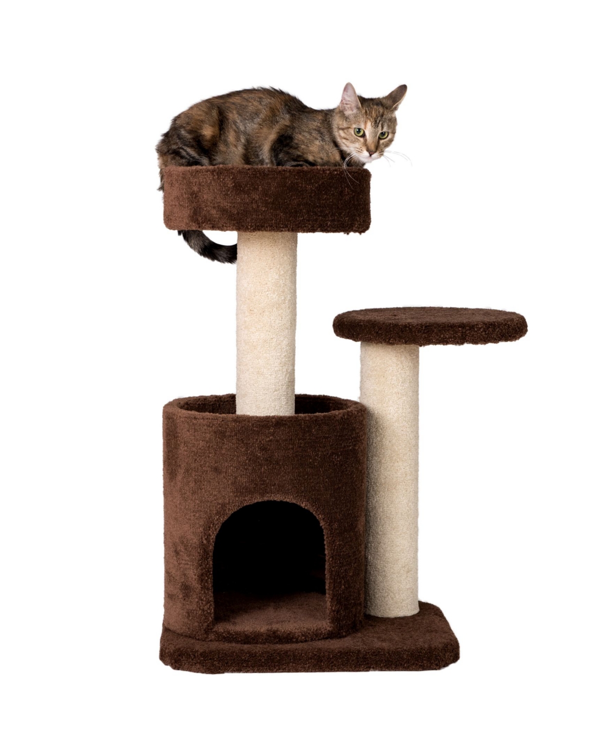 Carpeted Real Wood Cat Tree Condo - Coffee Brown
