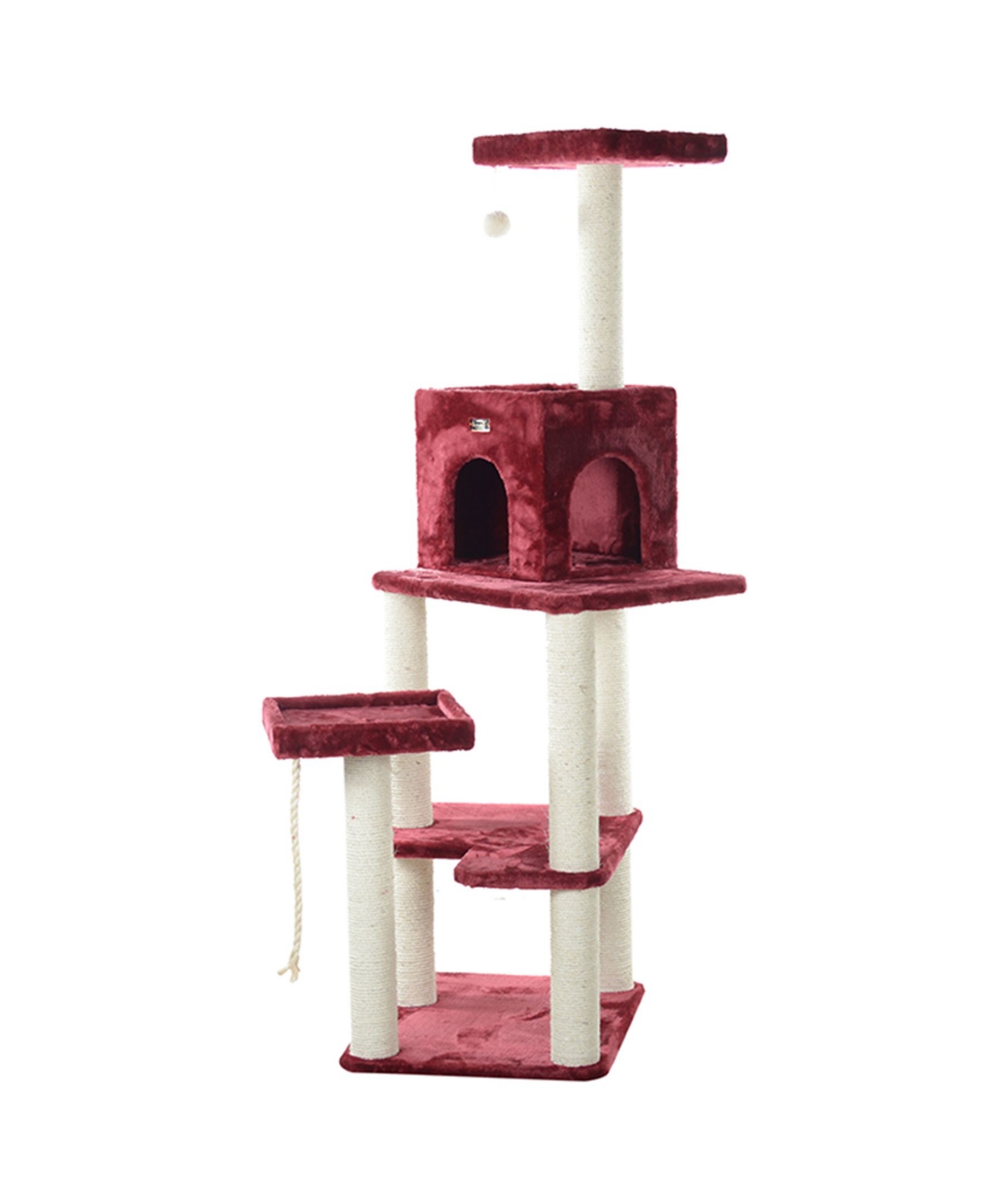 Real Wood Cat Tower, Ultra Thick Faux Fur Covered Cat Condo - Burgundy