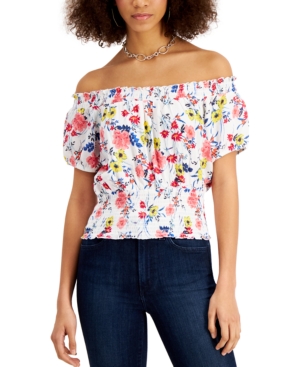 image of Self Esteem Juniors- Printed Smocked Off-The-Shoulder Top
