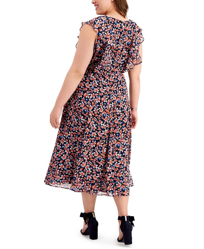 Tommy Hilfiger Plus Size Gansette Floral Flutter-Sleeve Dress - Macy's