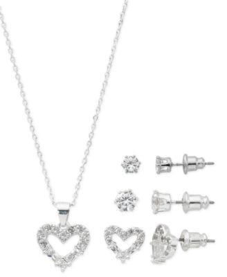 Photo 1 of Silver Plate Cubic Zirconia Heart Necklace and Stud Earring Set, 18" + 3" extender