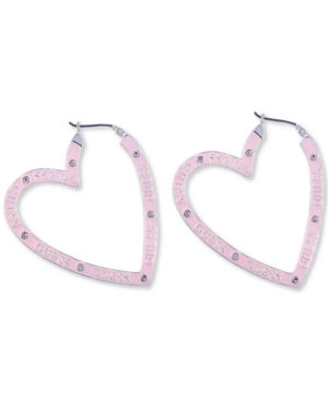 image of Guess Silver-Tone Crystal Pink Heart Hoop Earrings