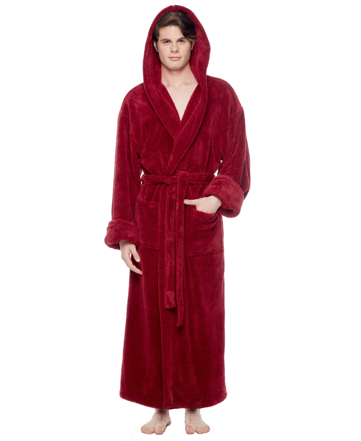 Men's Soft Fleece Robe, Ankle Length Hooded Turkish Bathrobe - Burgundy