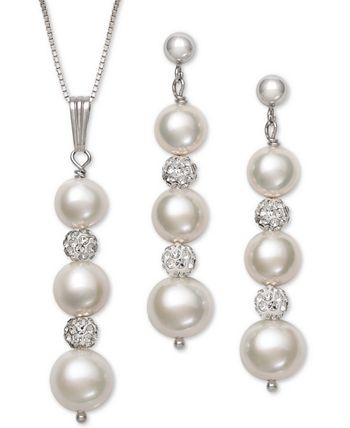 Macy's - 2-Pc. Set Cultured Freshwater Pearl (6-8-1/2mm) & Crystal Pendant Necklace & Matching Drop Earrings in Sterling Silver