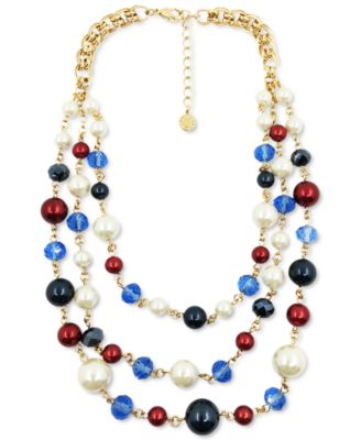 Charter Club - Gold-Tone Red, White & Blue Bead & Imitation Pearl Layered Strand Necklace