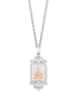 image of Enchanted Disney Diamond (1/6 ct. t.w.) & White Topaz (4-1/2 ct. t.w.) Majestic Princess Castle Pendant Necklace in Sterling Silver & 14k Rose Gold, 16