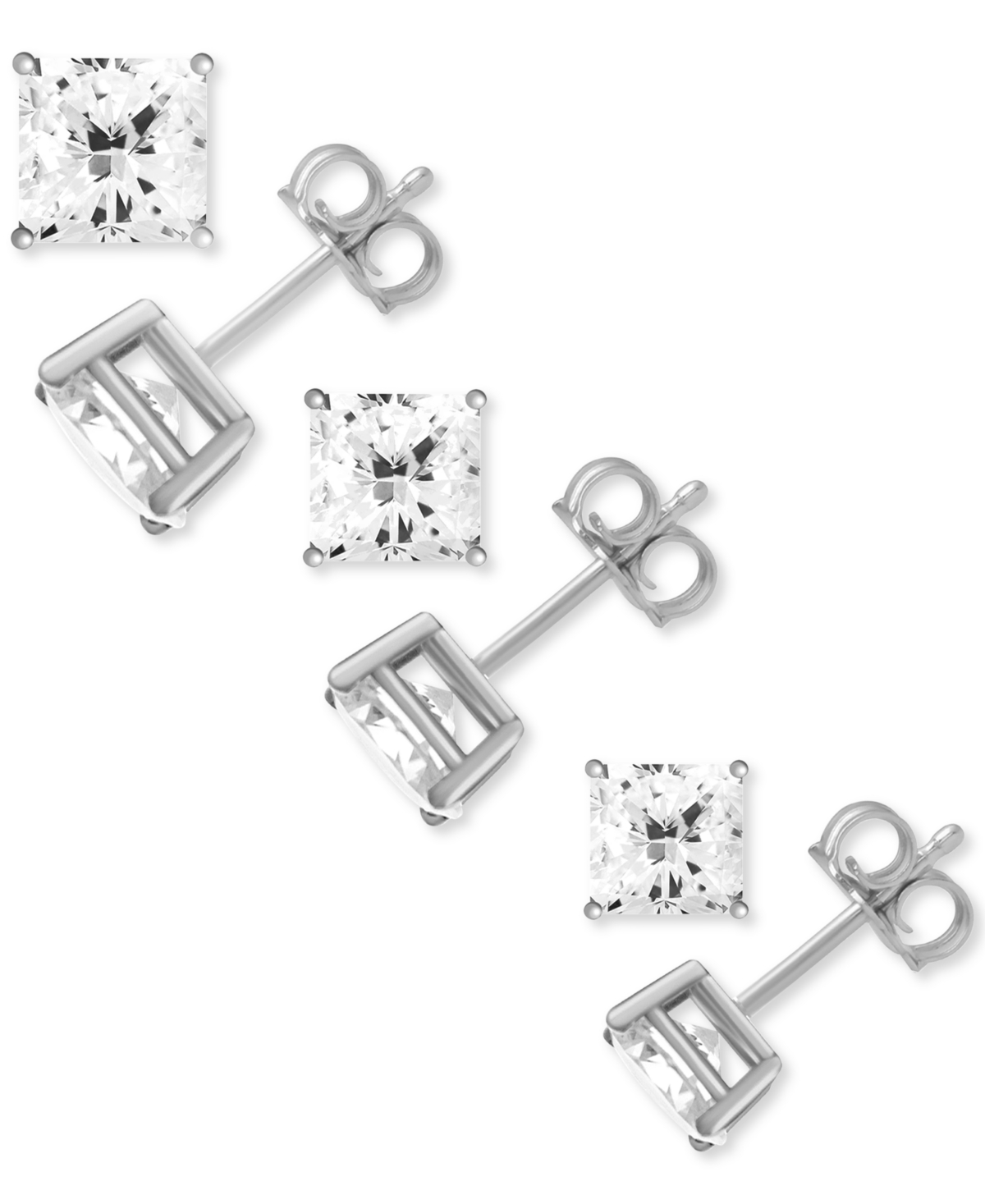 3-Pc. Set Silver Plated Square Cubic Zirconia Stud Earrings - Gold