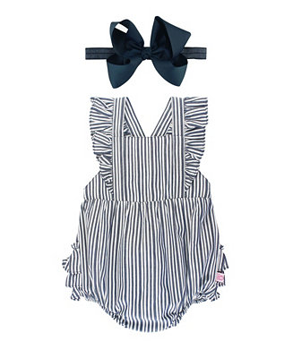 RuffleButts Baby Girl Navy Stripe Romper and Bow Headband Set - Macy's