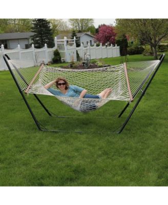 Cotton Double Wide 2-Person Rope Hammock with Spreader Bars and Multi-Use Steel Stand - 450 lb Weight Capacity - White