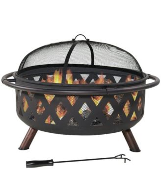 Outdoor Camping or Backyard Crossweave Cut Out Fire Pit with Spark Screen and Log Poker