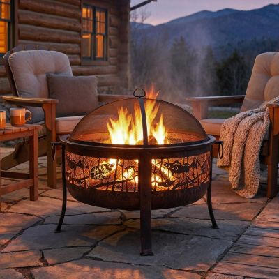 Outdoor Camping or Backyard Steel Northwoods Fishing Fire Pit with Spark Screen - 30" - Bronze