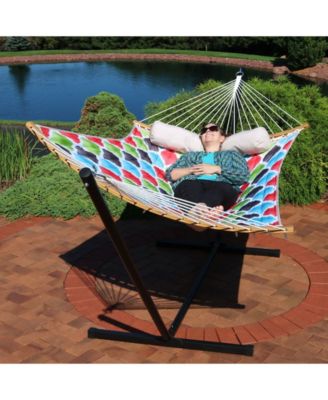 Heavy-Duty Quilted 2-Person Hammock with Curved Bamboo Spreader Bars