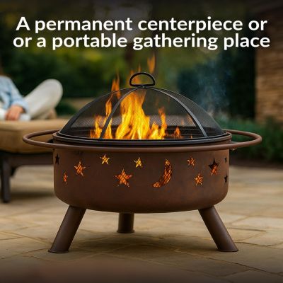 Outdoor Camping or Backyard Round Cosmic Stars and Moons Fire Pit with Cooking Grill Grate, Spark Screen, and Log Poker - 30"