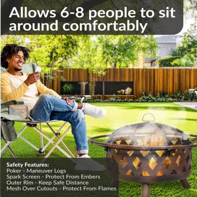 Outdoor Camping or Backyard Crossweave Cut Out Fire Pit with Spark Screen and Log Poker
