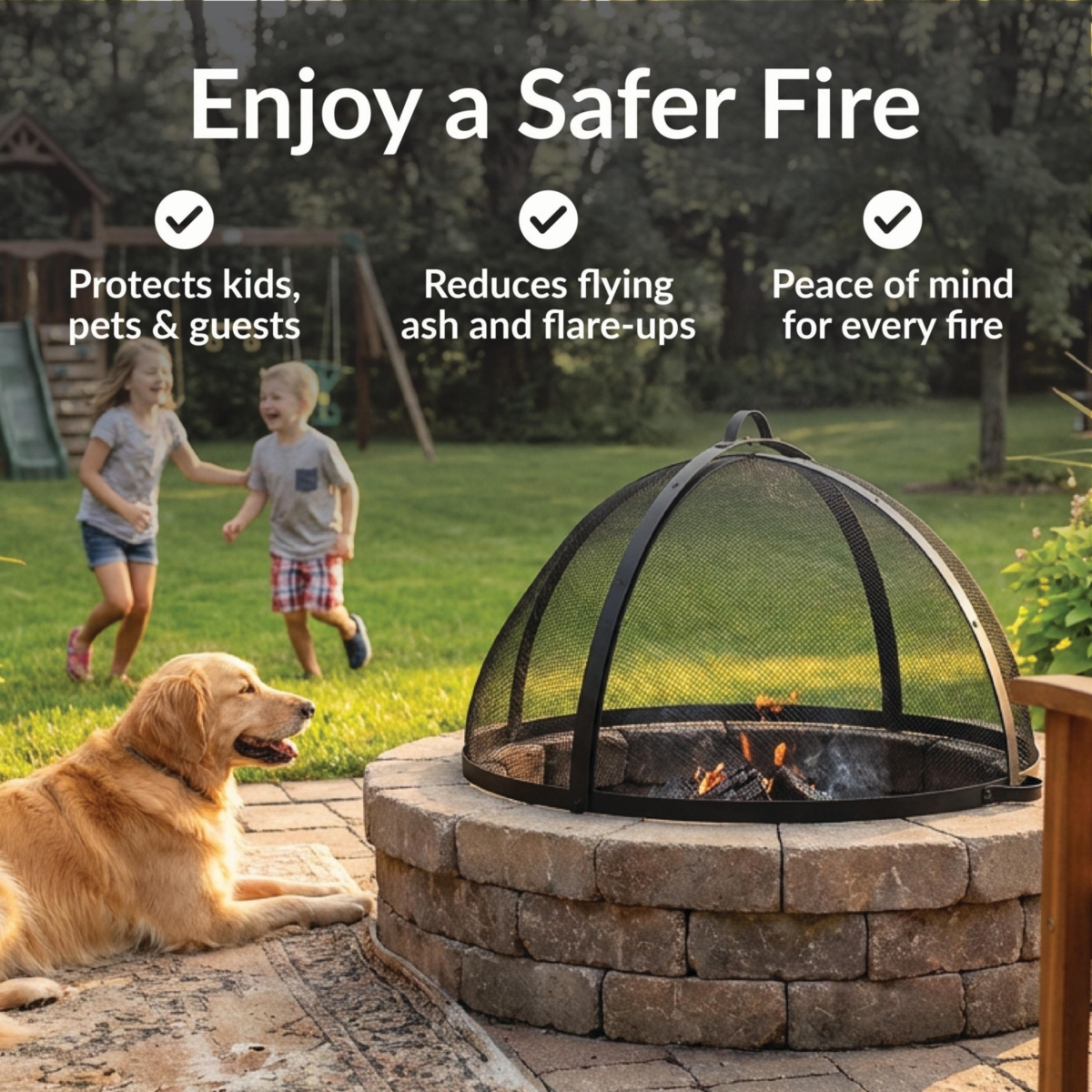 Fire Pit Screen - Round Fire Pit Spark Screen - Heavy-Duty Steel Mesh Metal Cover with Handle - Fire Pit Screen Cover with Door