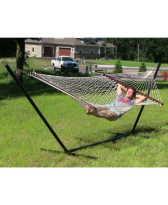 Outdoor 2-Person Double Cotton Rope Hammock with Wood Spreader Bar and 15ft Black Steel Stand