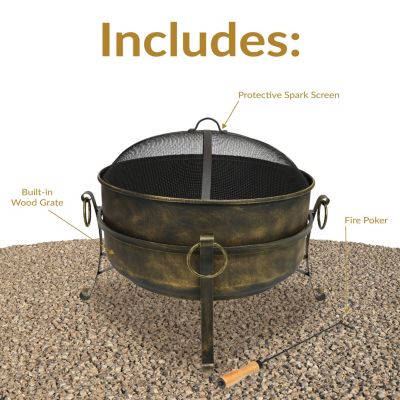 Outdoor Camping or Backyard Round Cauldron Fire Pit with Spark Screen, Log Poker, and Metal Wood Grate
