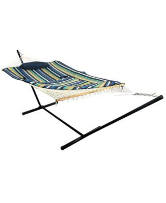 Cotton Rope Freestanding Hammock with Spreader Bar with Portable Steel Stand and Pad and Pillow Set - 12' Stand