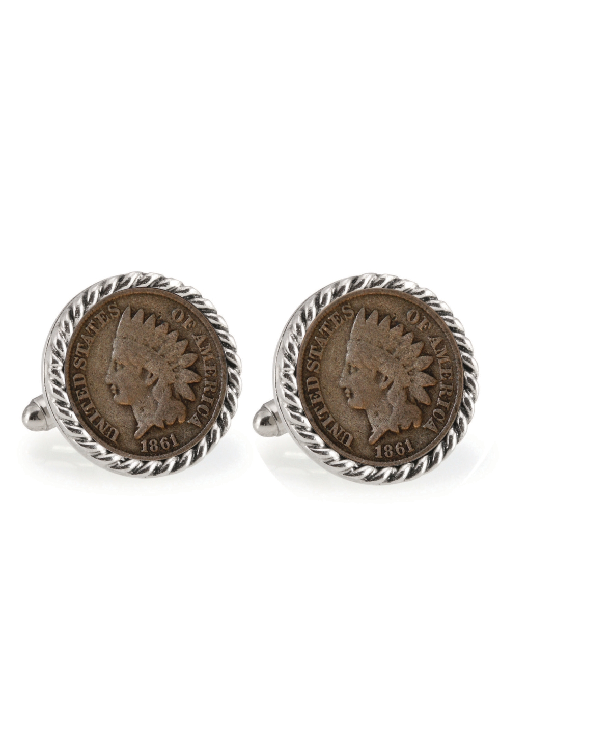 Civil War Indian Head Penny Rope Bezel Coin Cuff Links - Silver