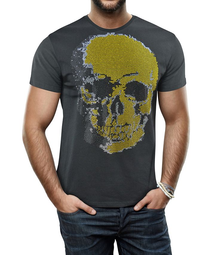 Heads Or Tails Men's Faded Skull Graphic Printed Rhinestone Studded T ...