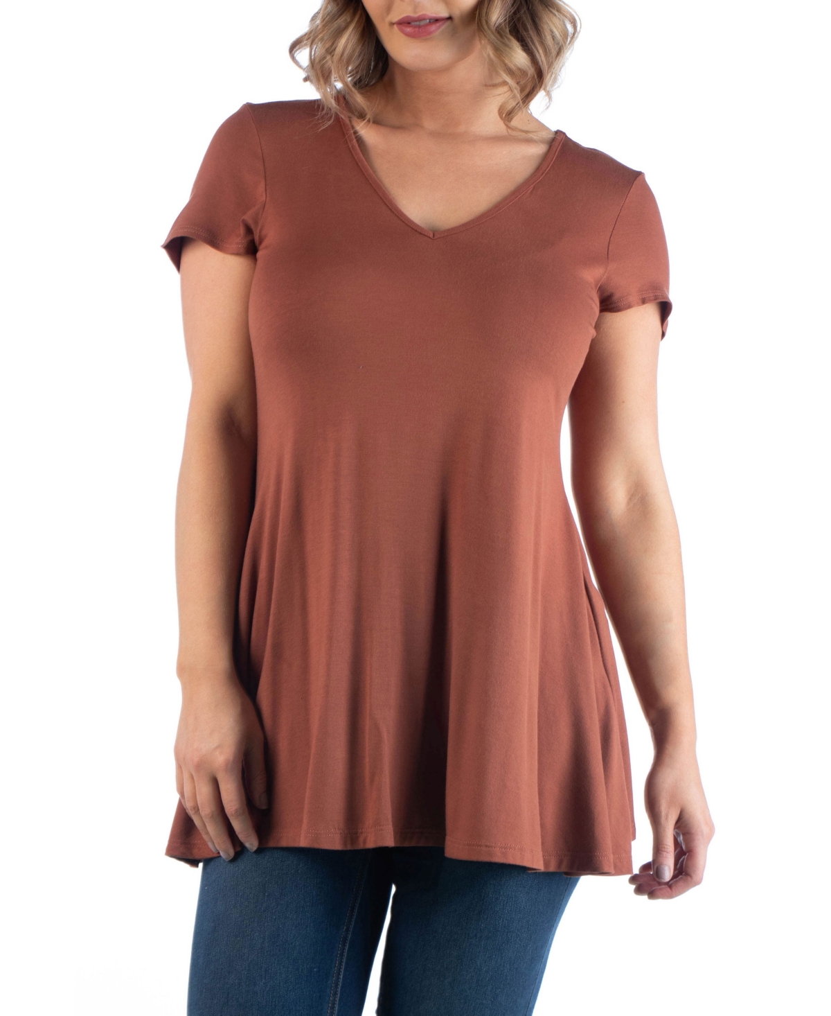 24seven Comfort Apparel Plus Size Short Sleeve V-Neck Tunic Top