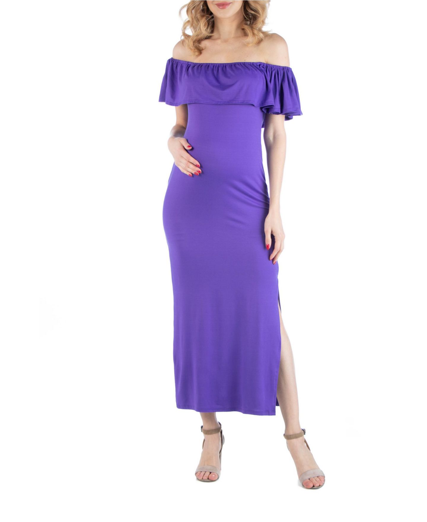 Женское платье 24seven Comfort Apparel Off Shoulder Ruffle Detail Maternity Maxi, цвет: Фиолетовый — фото 1