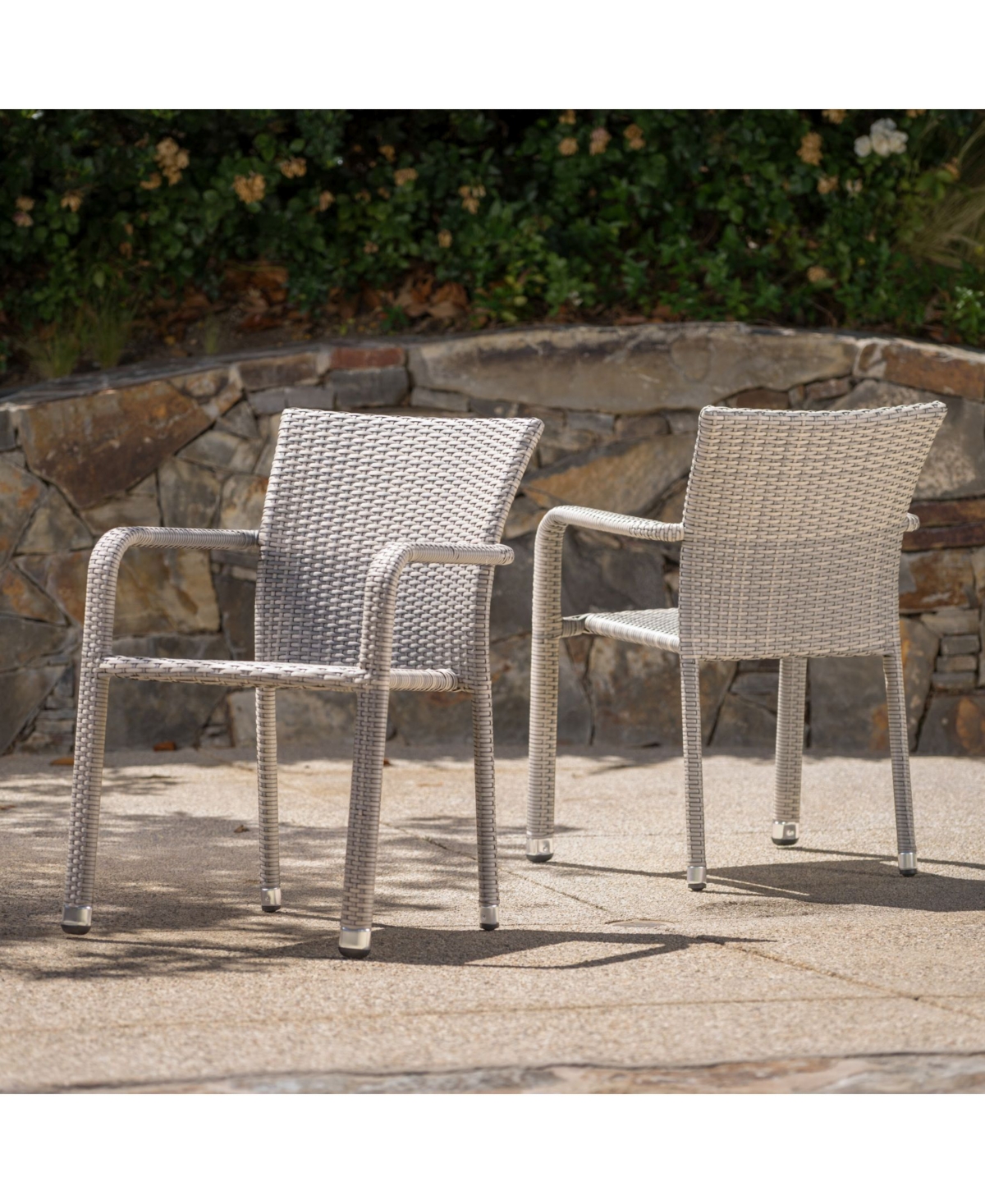 Noble House Dover Outdoor Armed Stacking Chairs with Frame, Set of 2 - Off-White